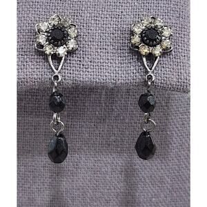 Black And Rhinestones Flower Shape Dangle Stud Earrings 1.5" Long